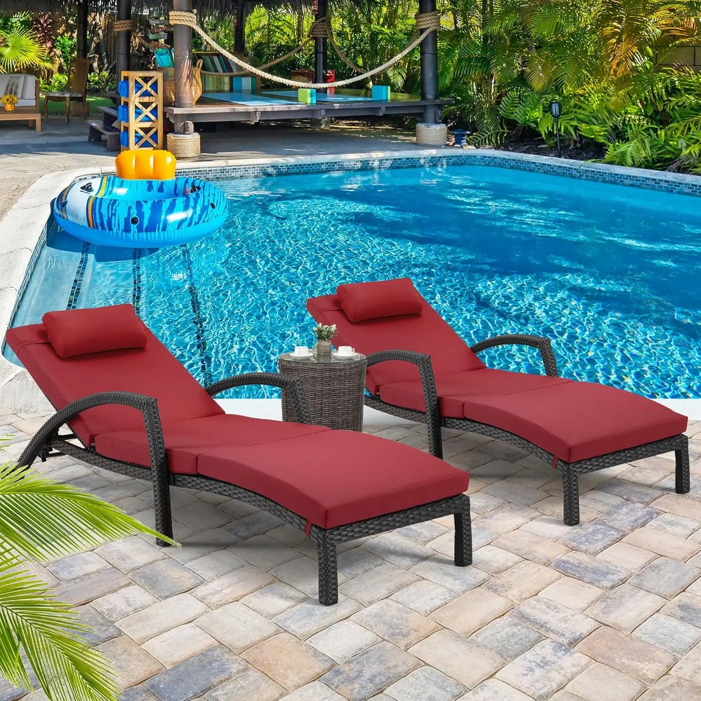 Adjustable 5-Position PE Rattan Outdoor Chaise Lounge Set 2 with Cushion Pillow Wheels for Poolside Backyard, Custom