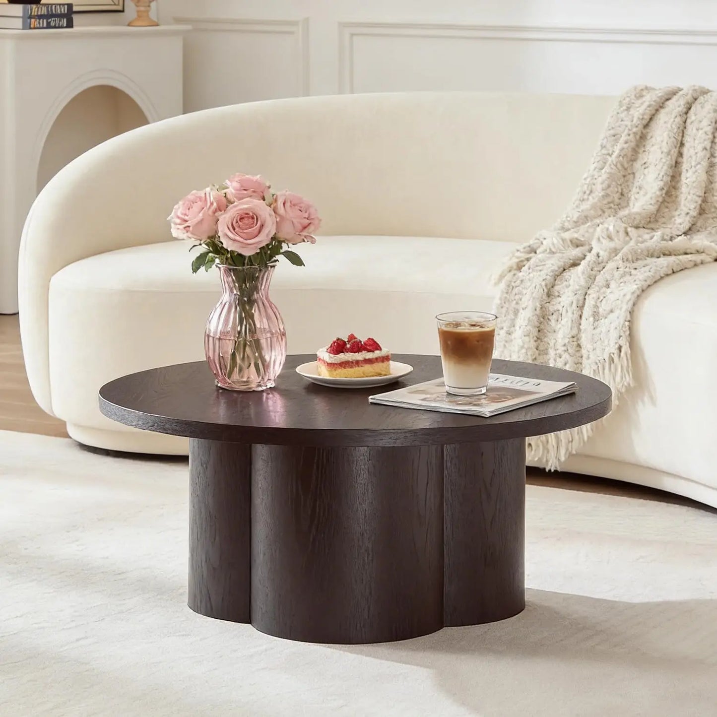 Wood Pedestal Coffee Table For Living Room Minimalist Modern Circle