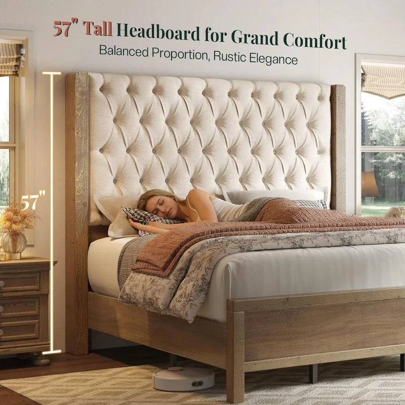 Solid Wood Bed Frame With Wingback Headboard For Modern Homes