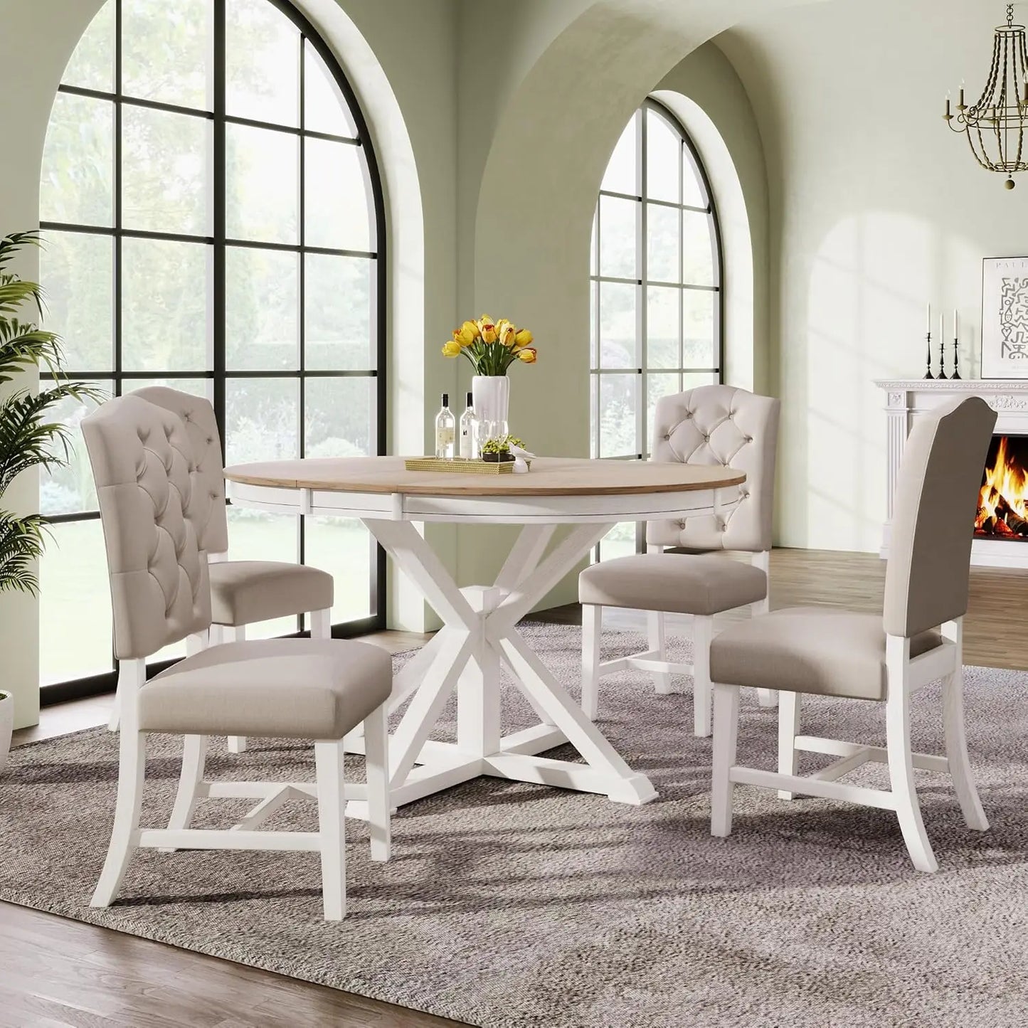 Solid Wood Dining Set With Extendable Table And Upholstered Chairs