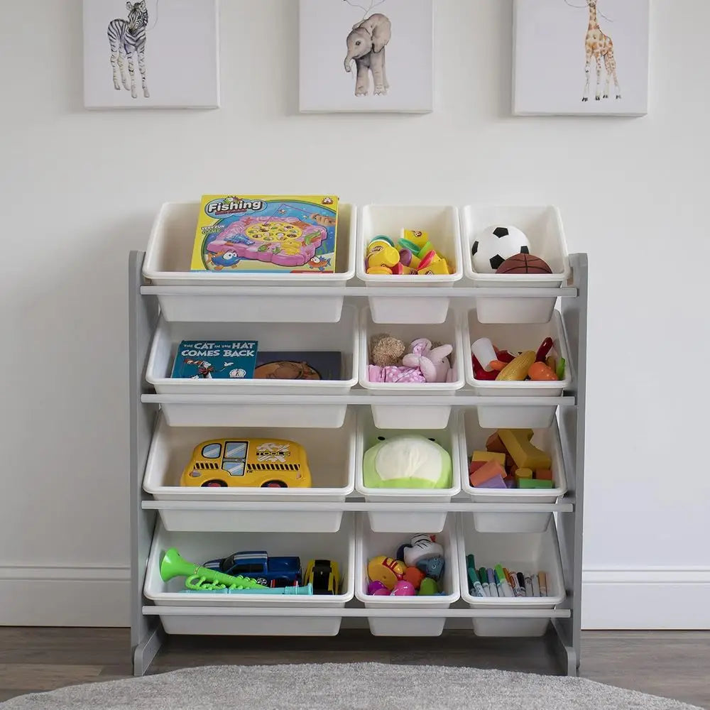 Toy Storage Organizer with 12 Removable Storage Bins, 4-Tier Toddler Toy Organization, Grey/White