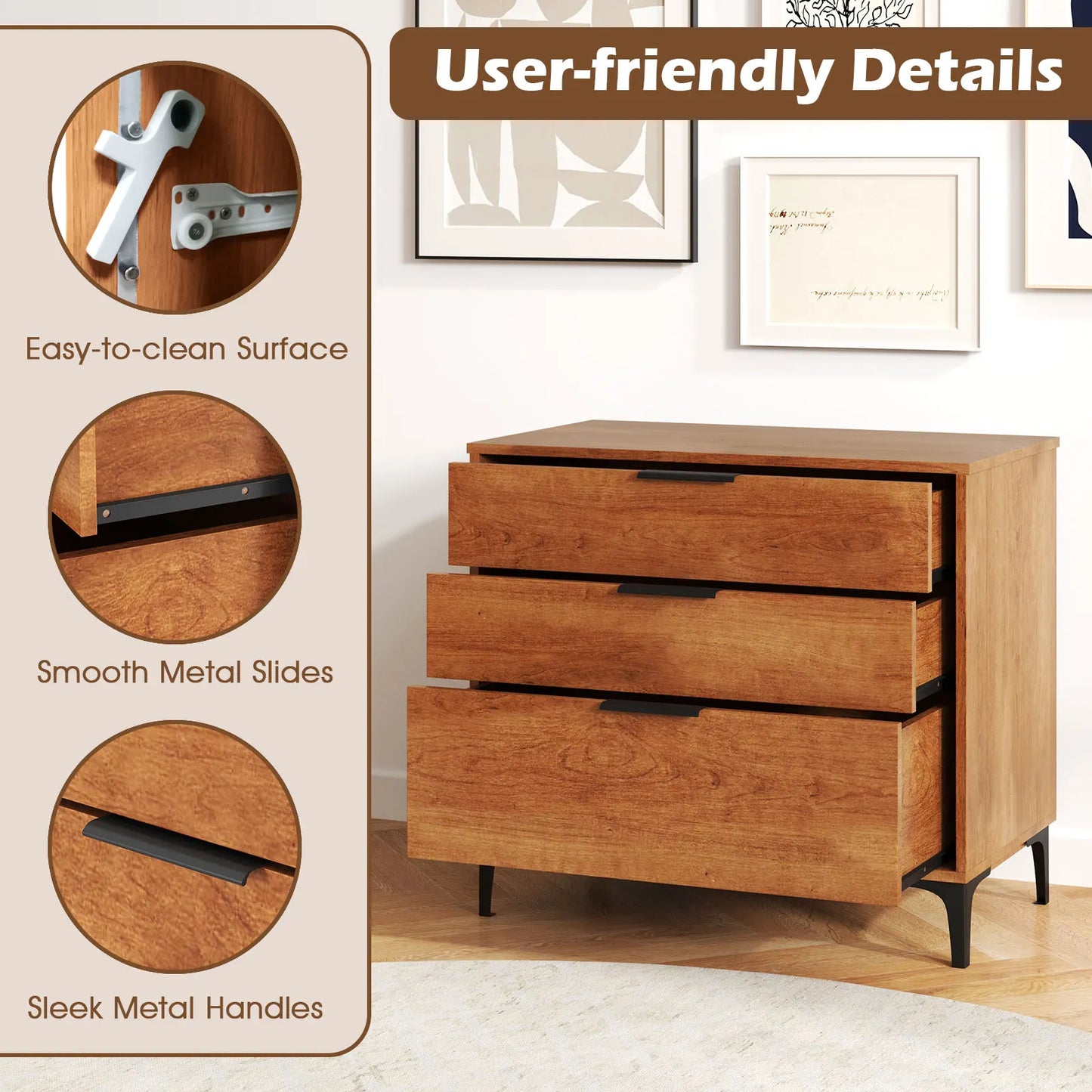 HOMASIS 3-Drawer Dresser With Metal Legs And Anti-Tip Kit