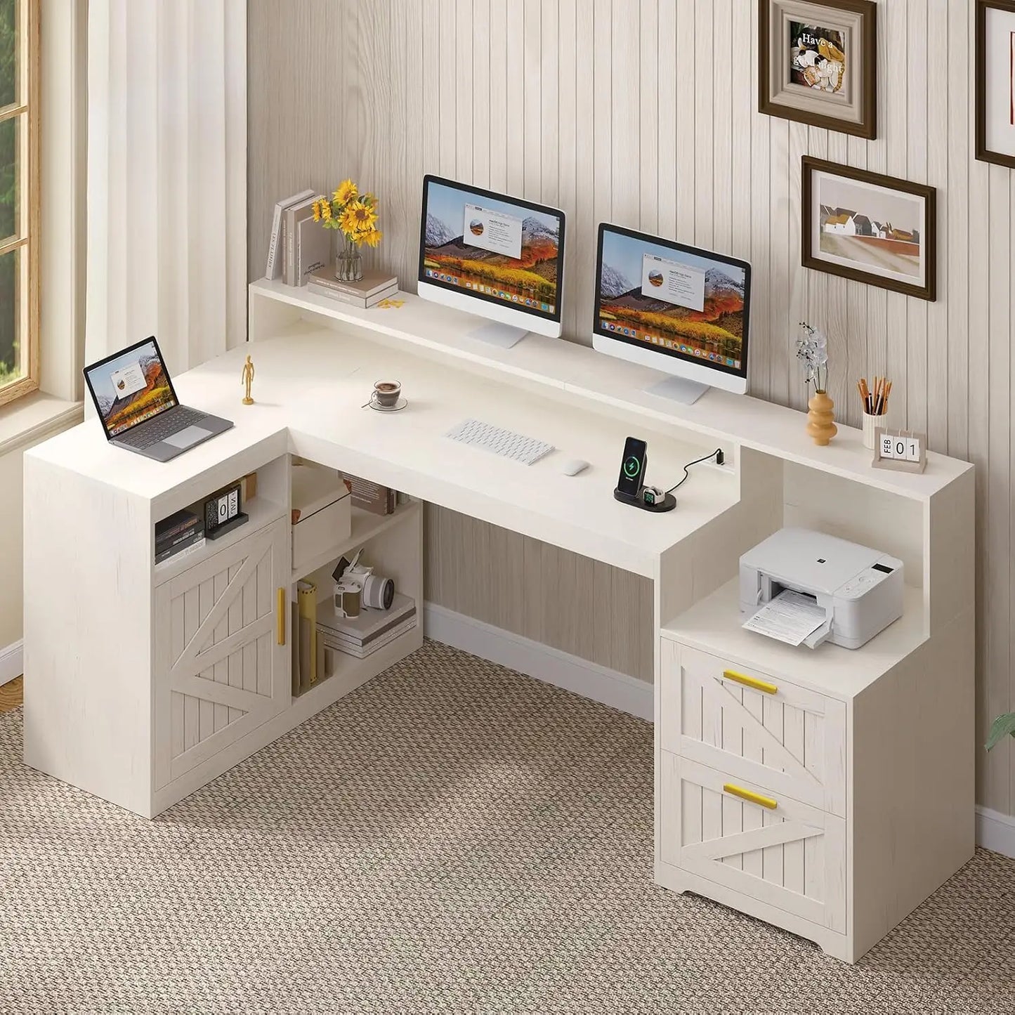 L Shaped Home Office Desk With USB Outlet And Storage