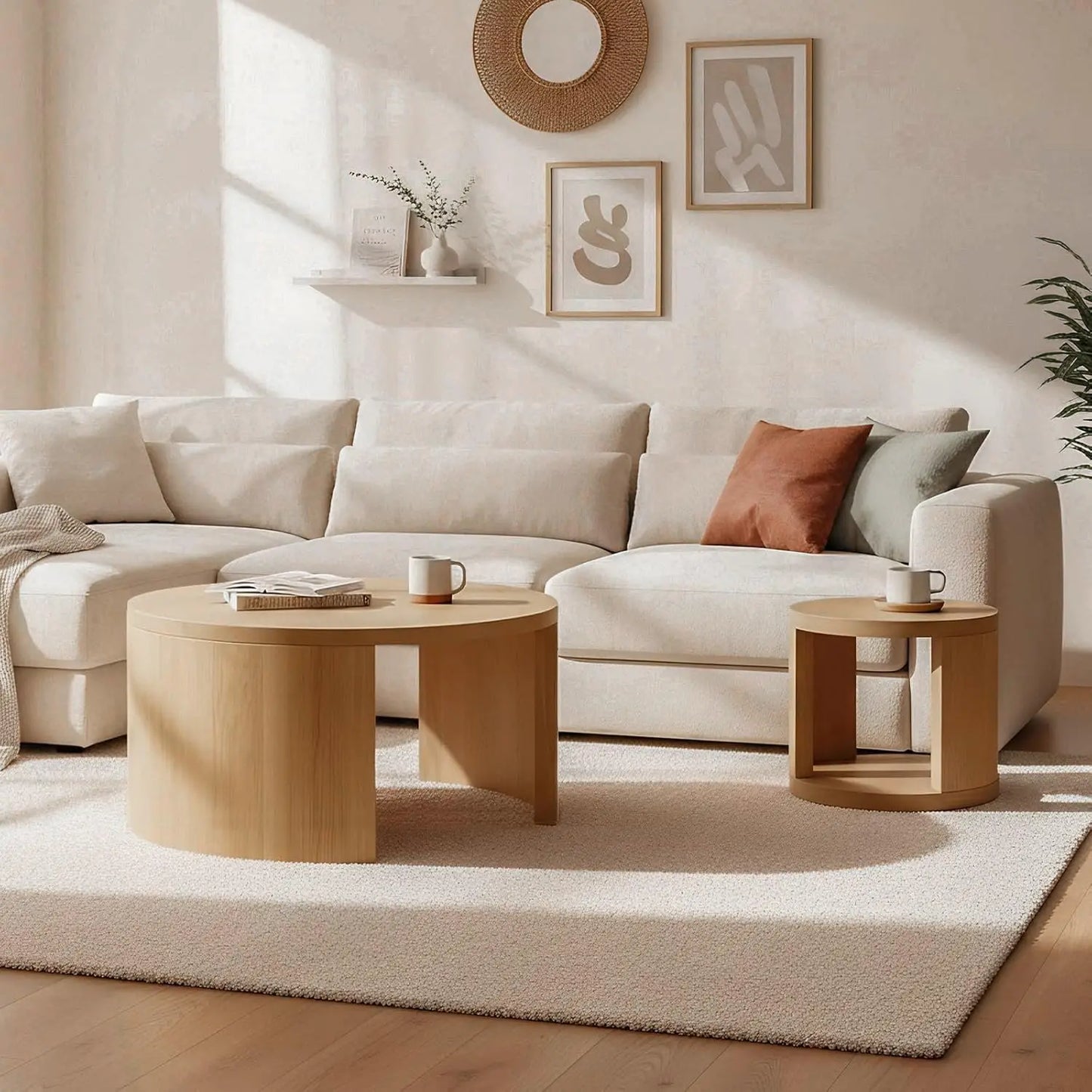 Round Nesting Coffee Tables Set of 2 With Storage Wood