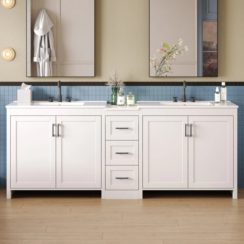 84"Double-Sink Bathroom Vanity,2 Ceramic Sinks and a Quartz Countertop,with Adjustable Shelves and 3 Drawers,Large storage space