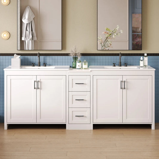 84"Double-Sink Bathroom Vanity,2 Ceramic Sinks and a Quartz Countertop,with Adjustable Shelves and 3 Drawers,Large storage space