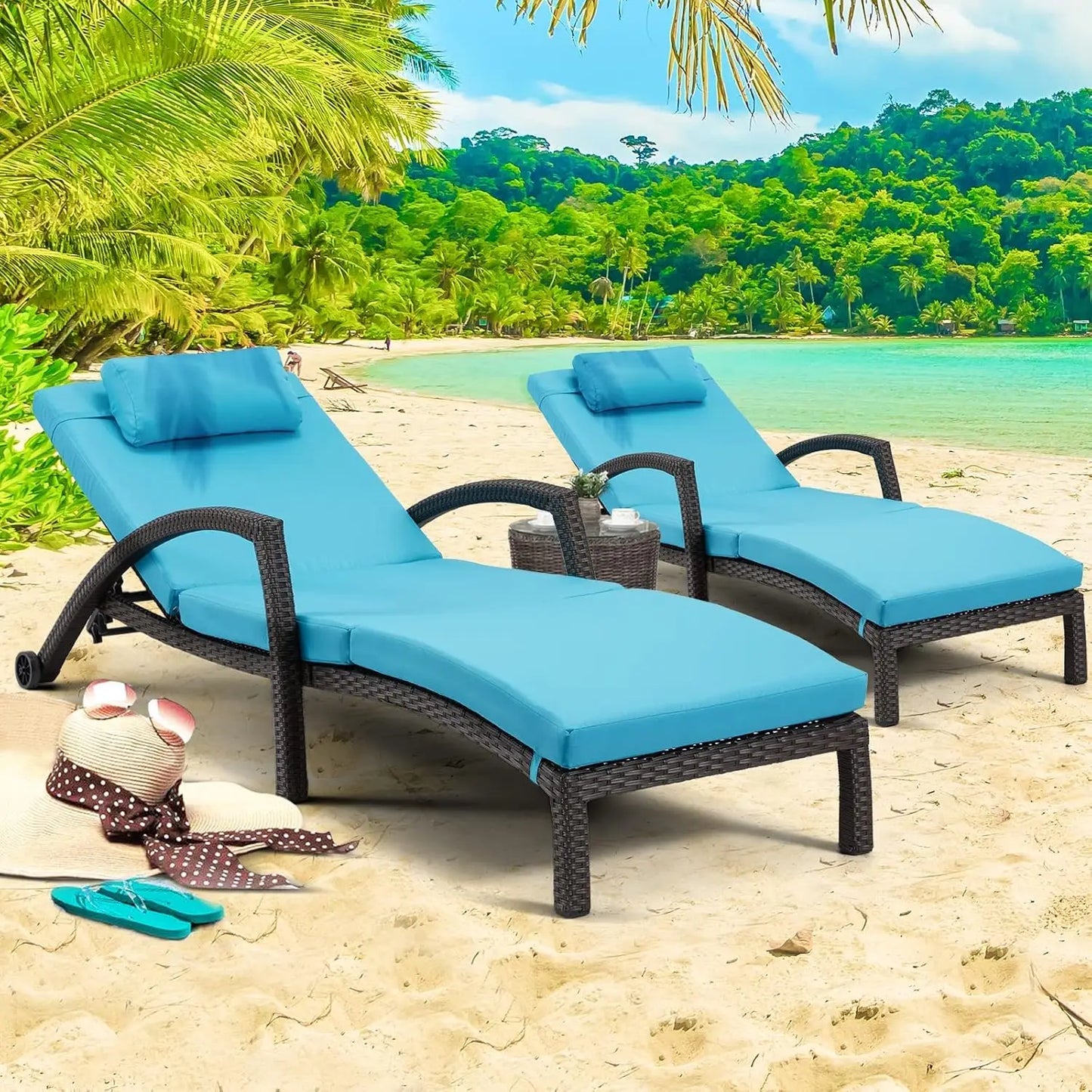 Adjustable 5-Position PE Rattan Outdoor Chaise Lounge Set 2 with Cushion Pillow Wheels for Poolside Backyard, Custom