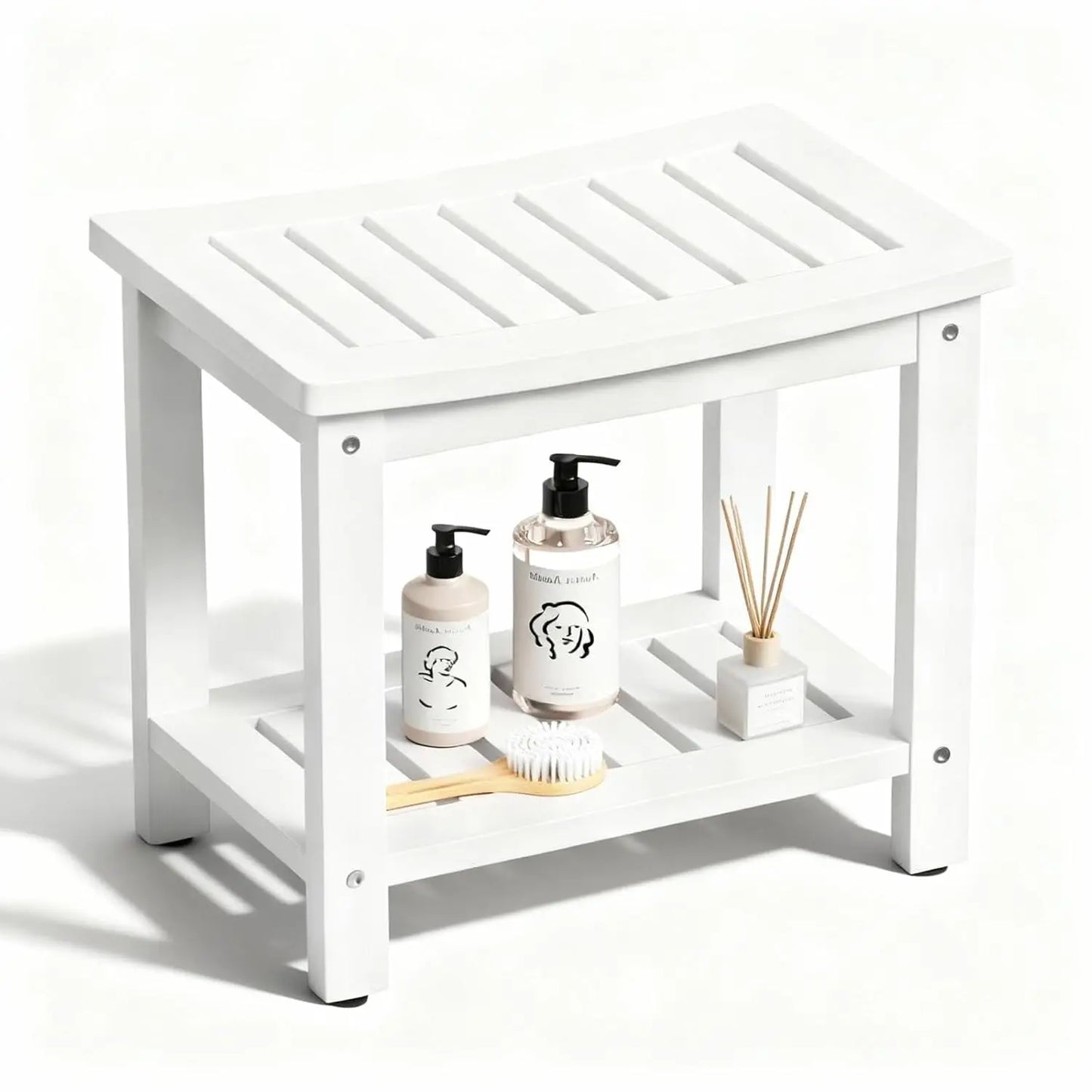 21" Poly Lumber Waterproof Shower Bench with Storage Shelf, Non-Slip Faux Wood Shower Stool for Bathroom, Indoor &, Customized