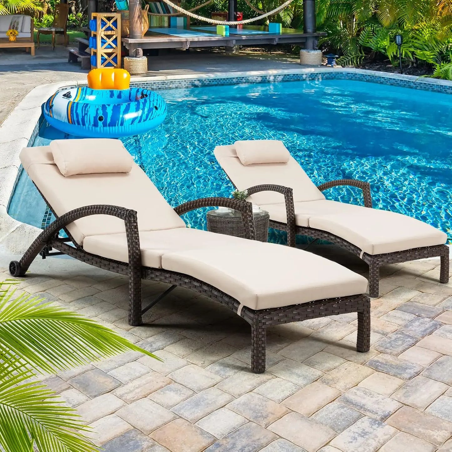 Adjustable 5-Position PE Rattan Outdoor Chaise Lounge Set 2 with Cushion Pillow Wheels for Poolside Backyard, Custom