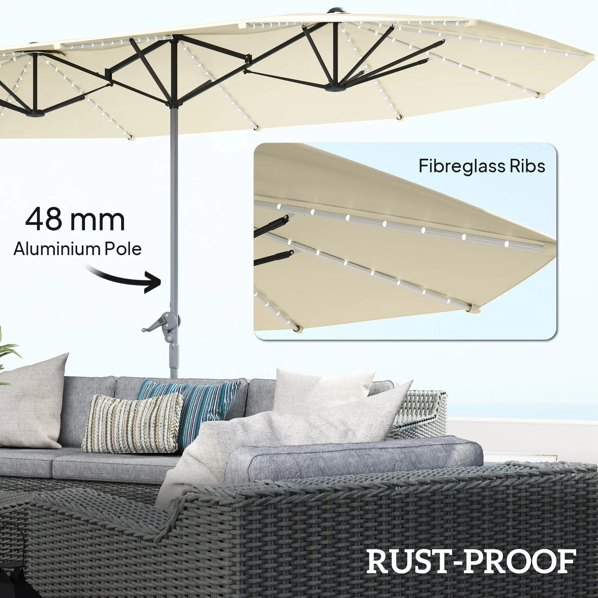 15ft Patio Umbrella Solar Lights UPF50+ Outdoor Umbrella Cream The Pet & Home Store