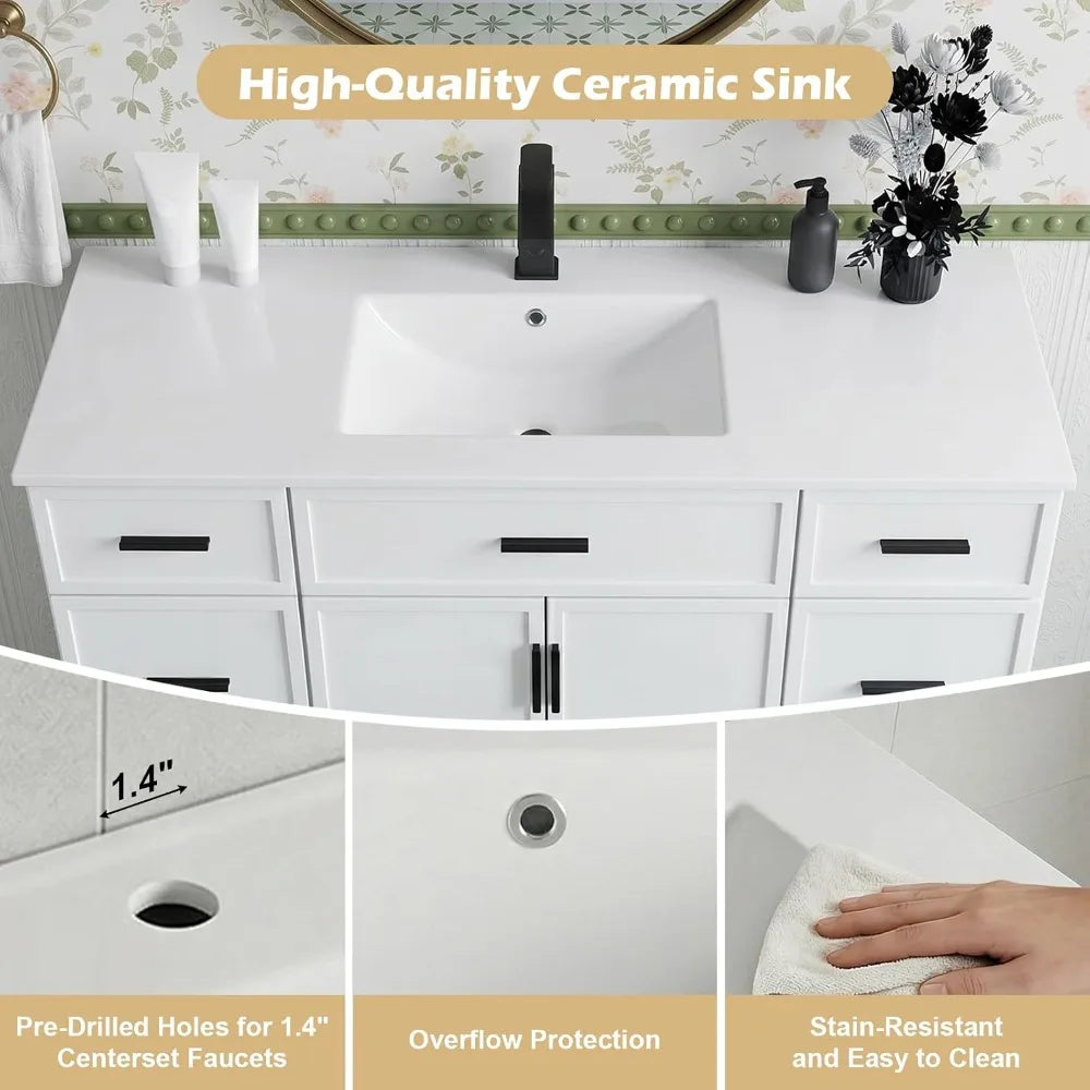 48" Bathroom Vanity with Sink, Farmhouse Cabinet, 2 Soft Close Doors & 6 Drawers, White