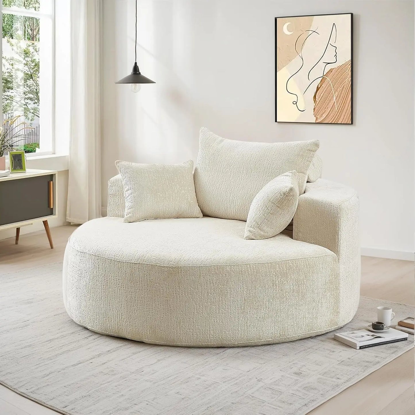 Oversized Round Chaise Longue Chair Indoor, Modern 55-inch Upholstered Chenille Deep Seat Circle Single Cloud, Customized
