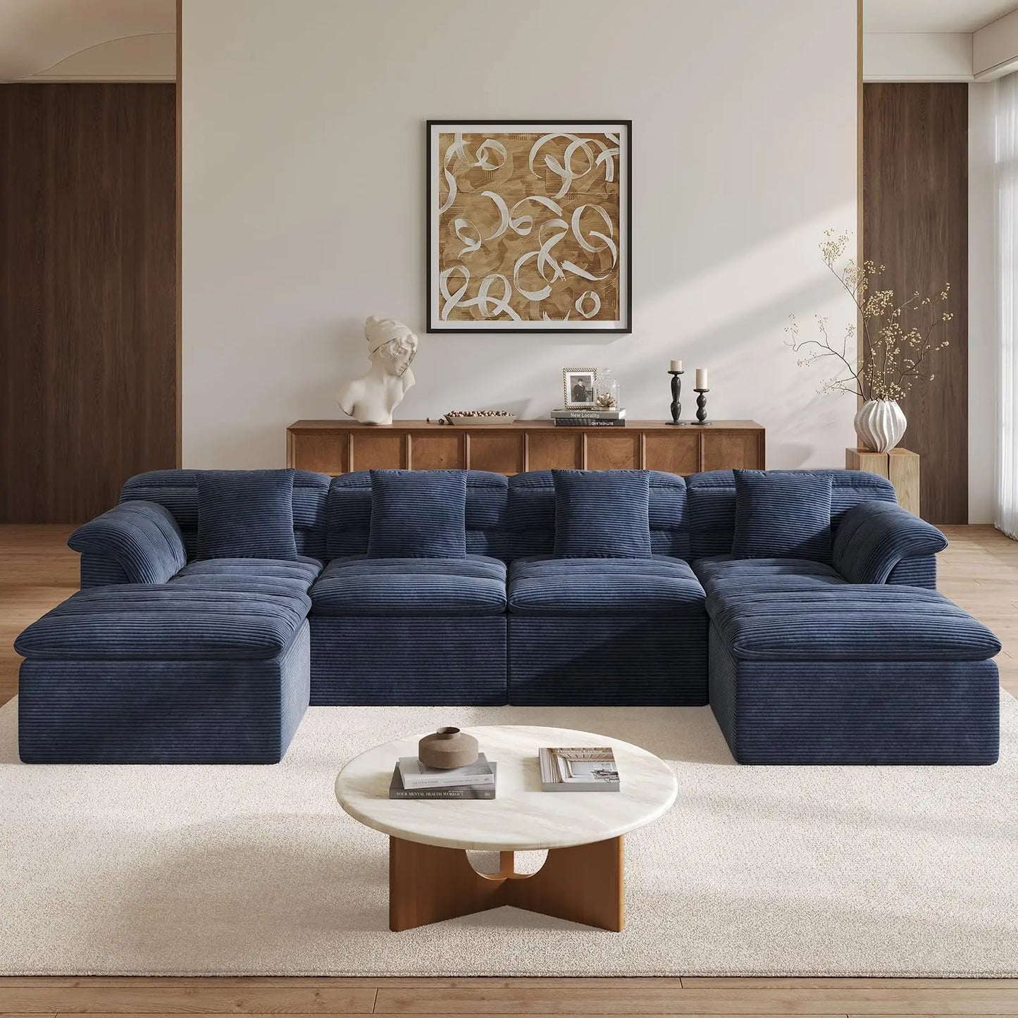 142" Modular Cloud Sectional Couch with Ottoman Modern Upholstered Compressed Sofa Deep Seat, Comfy U-Shape Corduroy Couches