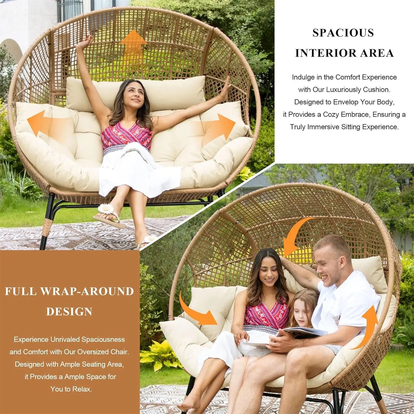 Oversized Double Egg Chair Wicker Rattan Lounge Loveseat with Legs for Patio Garden Backyard Living Room Beige, Customized