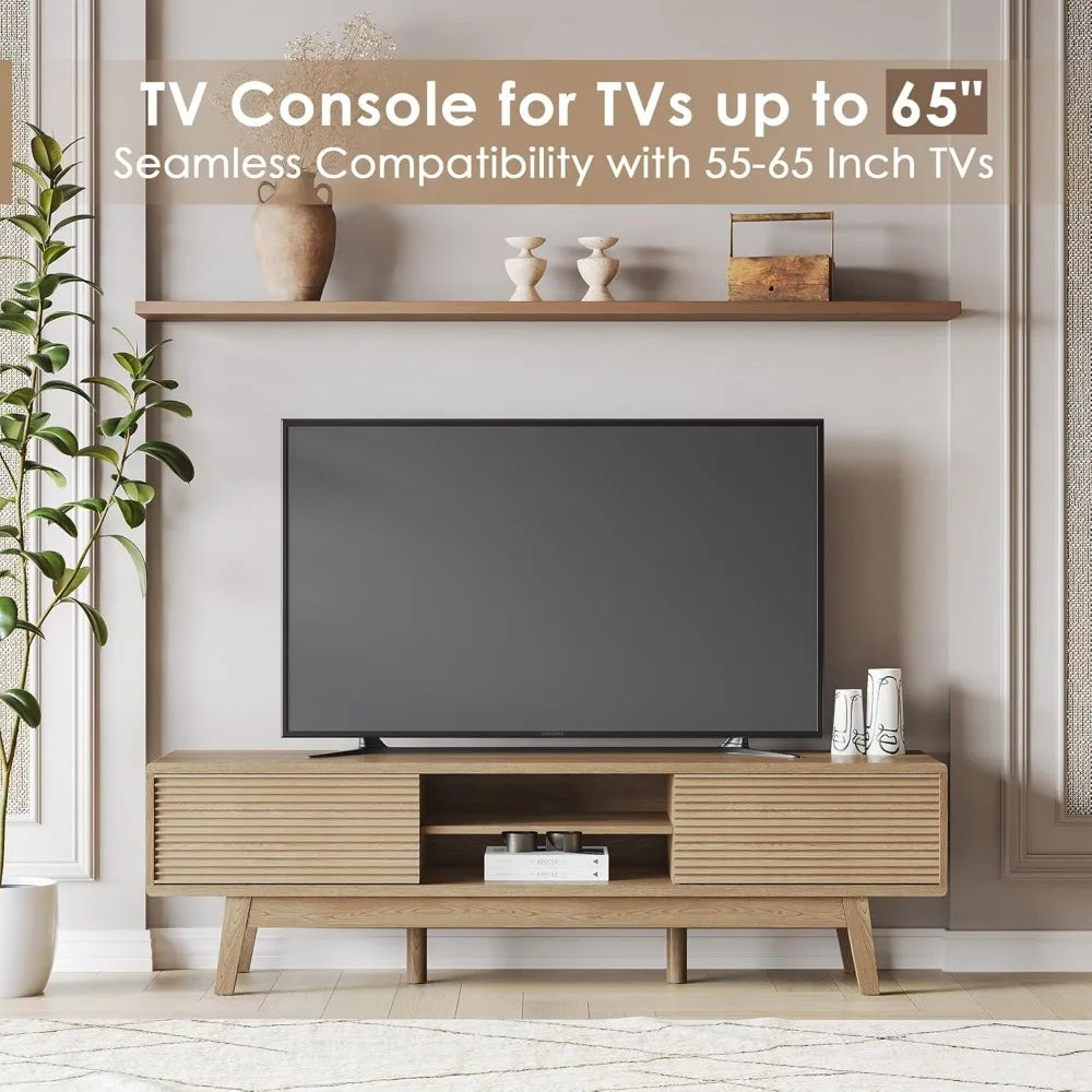 DAFIFY Mid Century Modern TV Console With Fluted Sliding Doors
