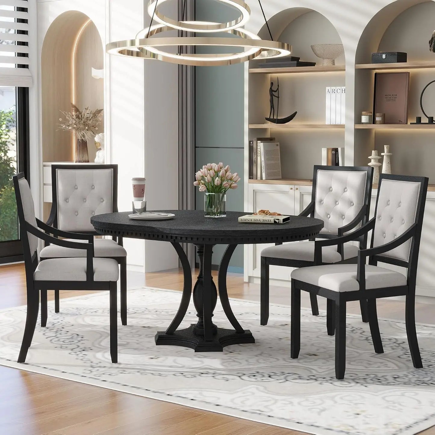 Solid Wood Dining Set With Extendable Table And Upholstered Chairs