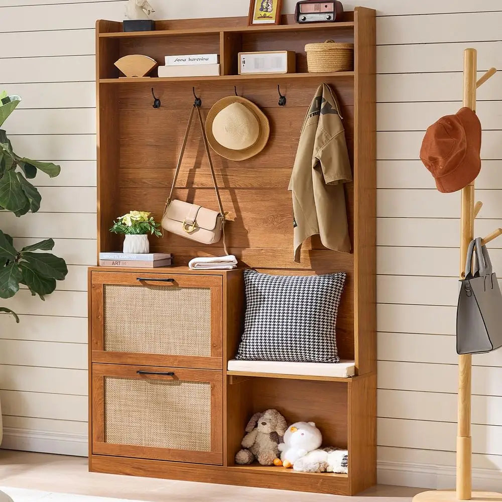Boho Hall Tree With Bench And Shoe Storage For Mudrooms