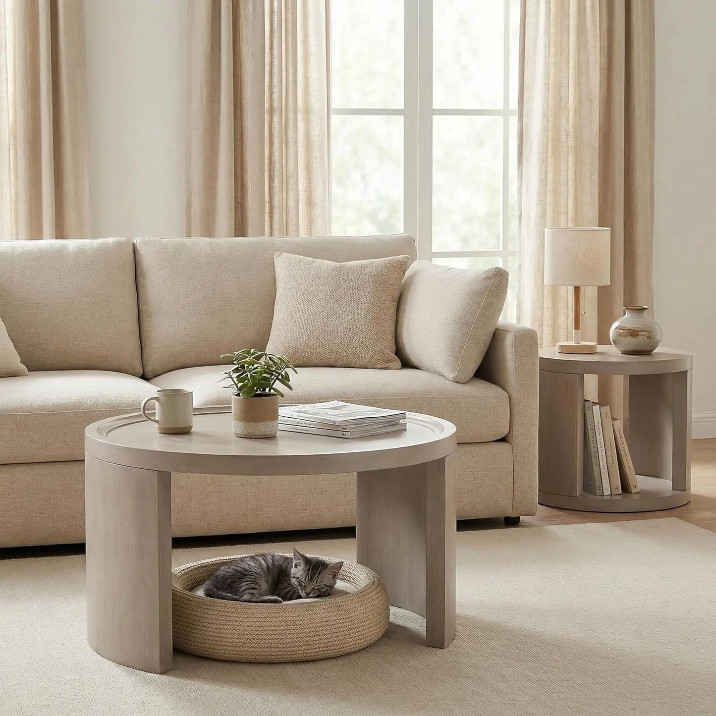 Round Nesting Coffee Table Set of 2 with Wood Tops