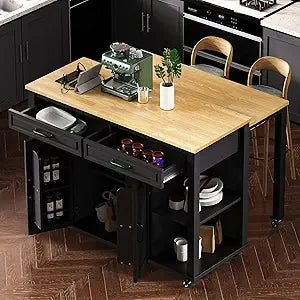 DAFIFY Kitchen Island On Wheels With Power Outlet Extendable Table