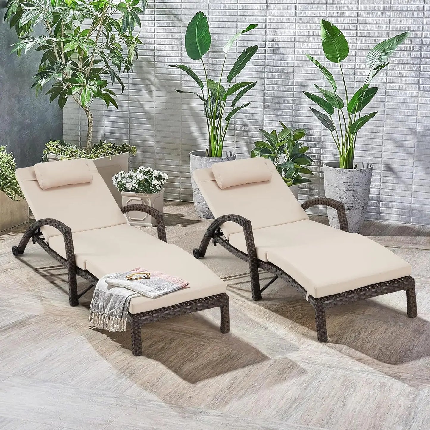 Adjustable 5-Position PE Rattan Outdoor Chaise Lounge Set 2 with Cushion Pillow Wheels for Poolside Backyard, Custom