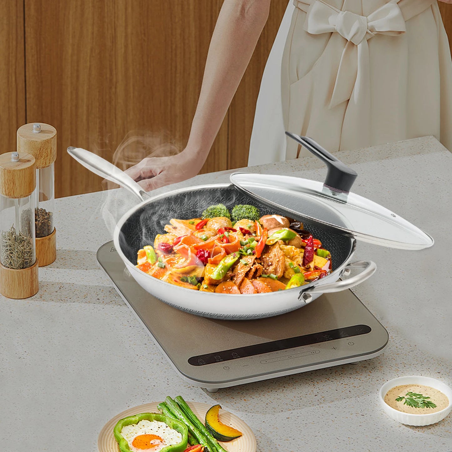 Stainless Steel Skillet, 34cm Wok Pan with Lid, Nonstick Frying Pan for Induction Cooktop Gas Stove