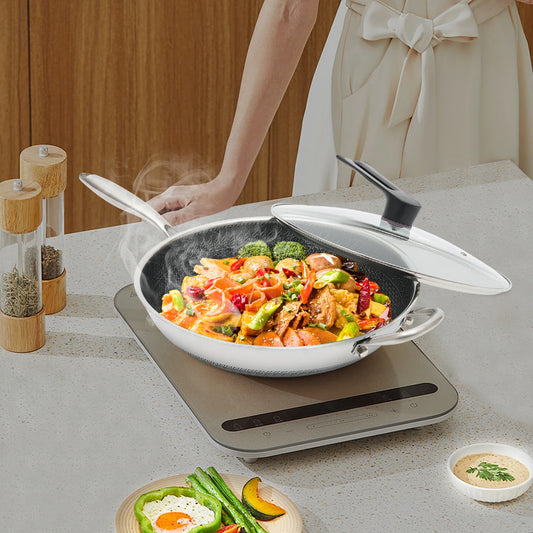 Stainless Steel Skillet, 34cm Wok Pan with Lid, Nonstick Frying Pan for Induction Cooktop Gas Stove
