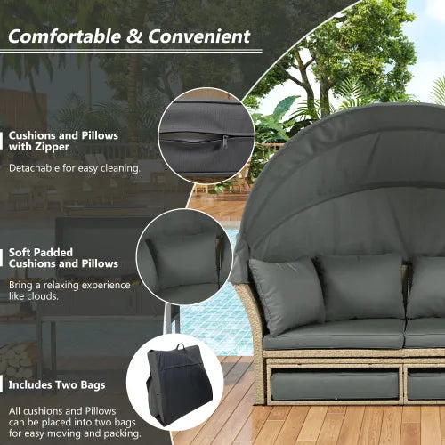 Outdoor terrace sofa bed, wicker rattan double bed, circular sofa furniture set, with retractable ceiling, 4 pillows, gray