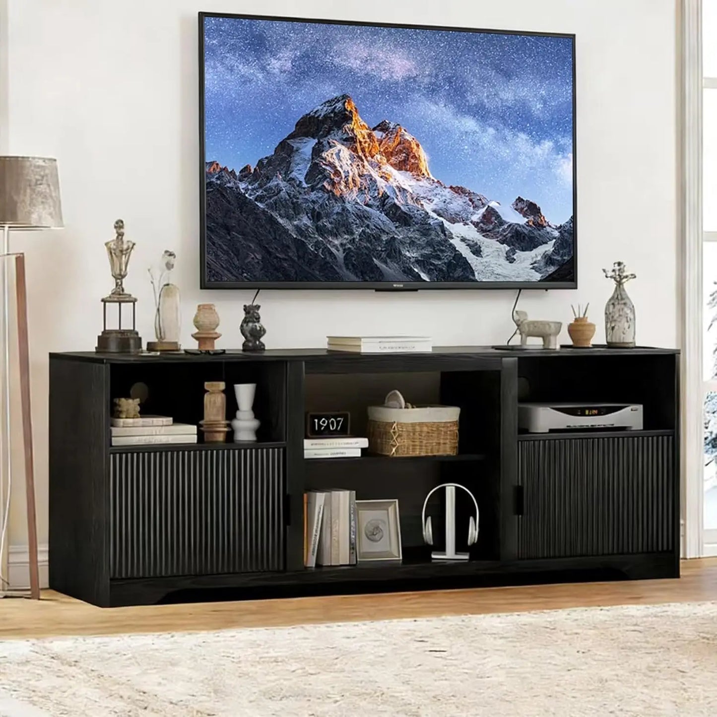 Fluted TV Stand With Electric Fireplace And Adjustable Shelf
