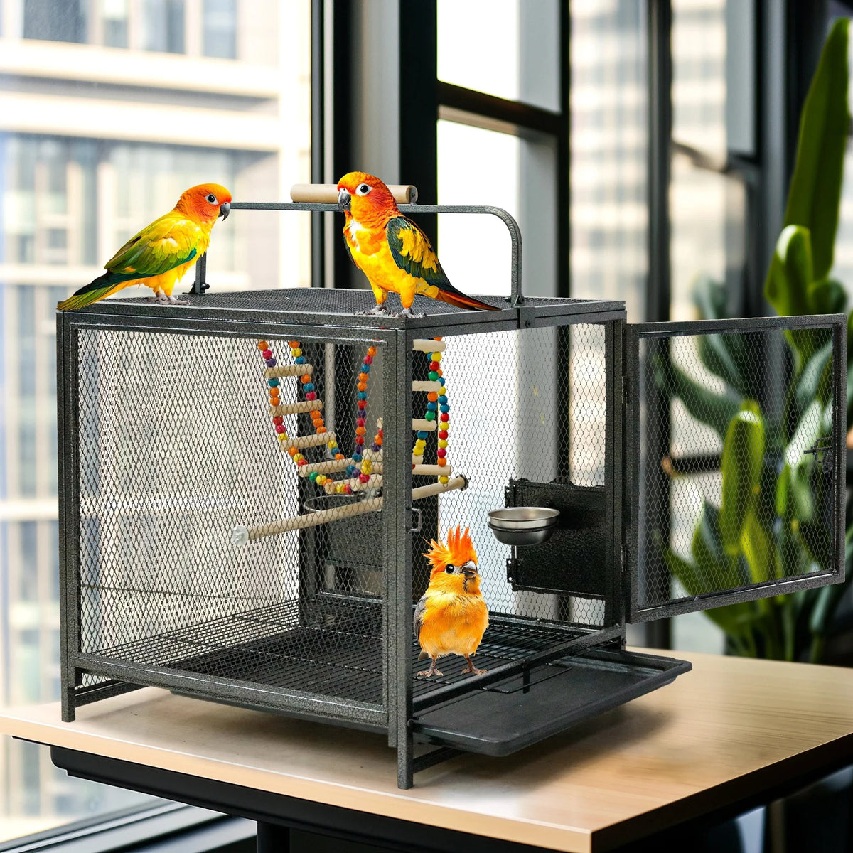 Wrought Iron Bird Travel Carrier Cage Parrot Cage with Handle Wooden Perch & Seed Guard for Small Parrots Canaries Budgies Parro The Pet & Home Store