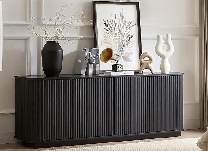 Fluted Wooden Sideboard Buffet Cabinet With Adjustable Shelves