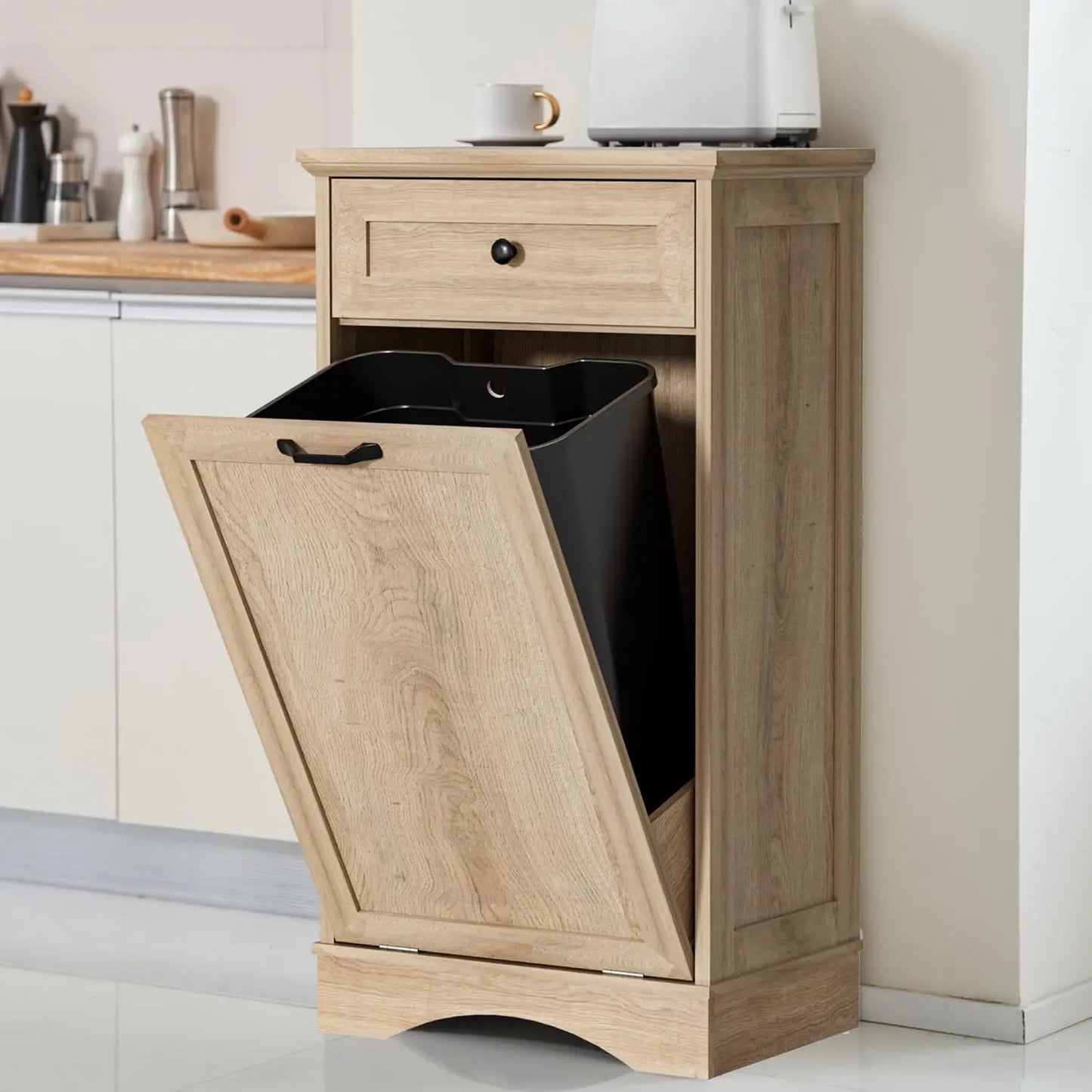 13 Gallons Tilt Out Trash Cabinet Freestanding Kitchen Trash Bin Cabinet Wood Garbage Recycling Cabinet with, Customized