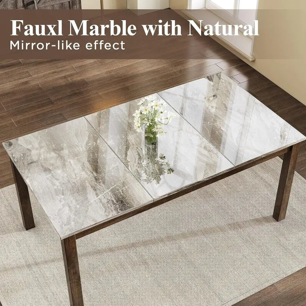 7-Piece Solid Wood Dining Table Set, 71" aux Marble Kitchen Table with 6 Chairs, Curved Backrests & PU Cushioned Seats, Perect o
