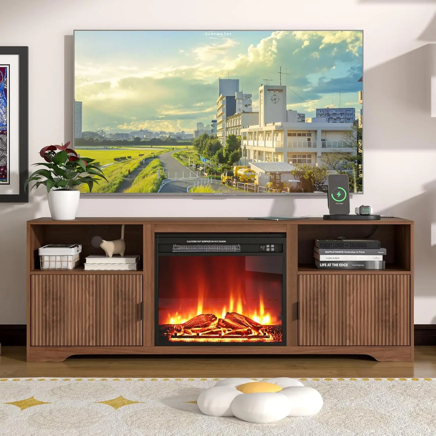 Fluted TV Stand With Electric Fireplace And Adjustable Shelf
