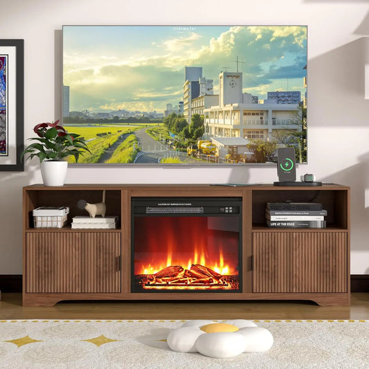 Fluted TV Stand With Electric Fireplace And Adjustable Shelf