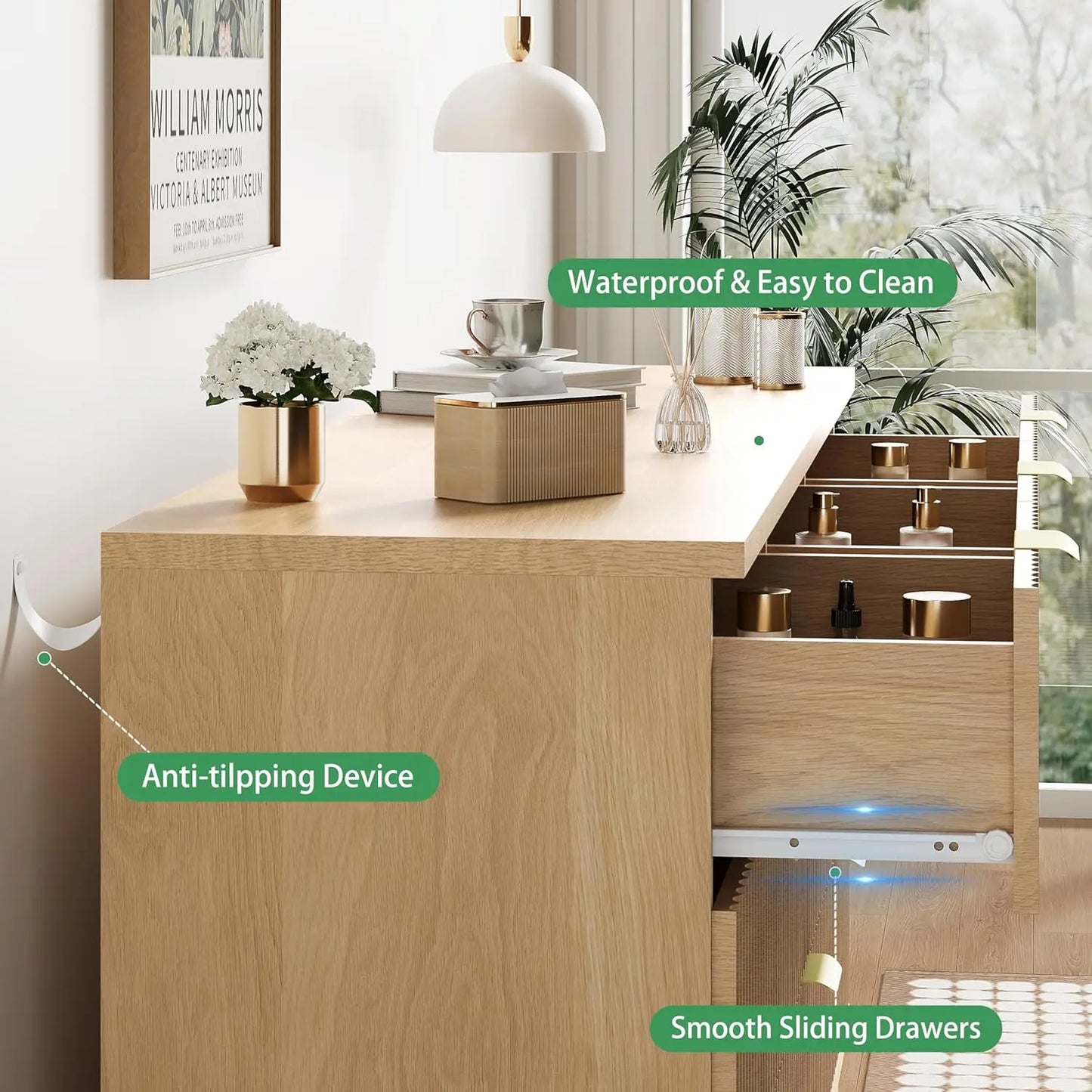 Fluted 9-Drawer Dresser In Oak Wood With Metal Handles