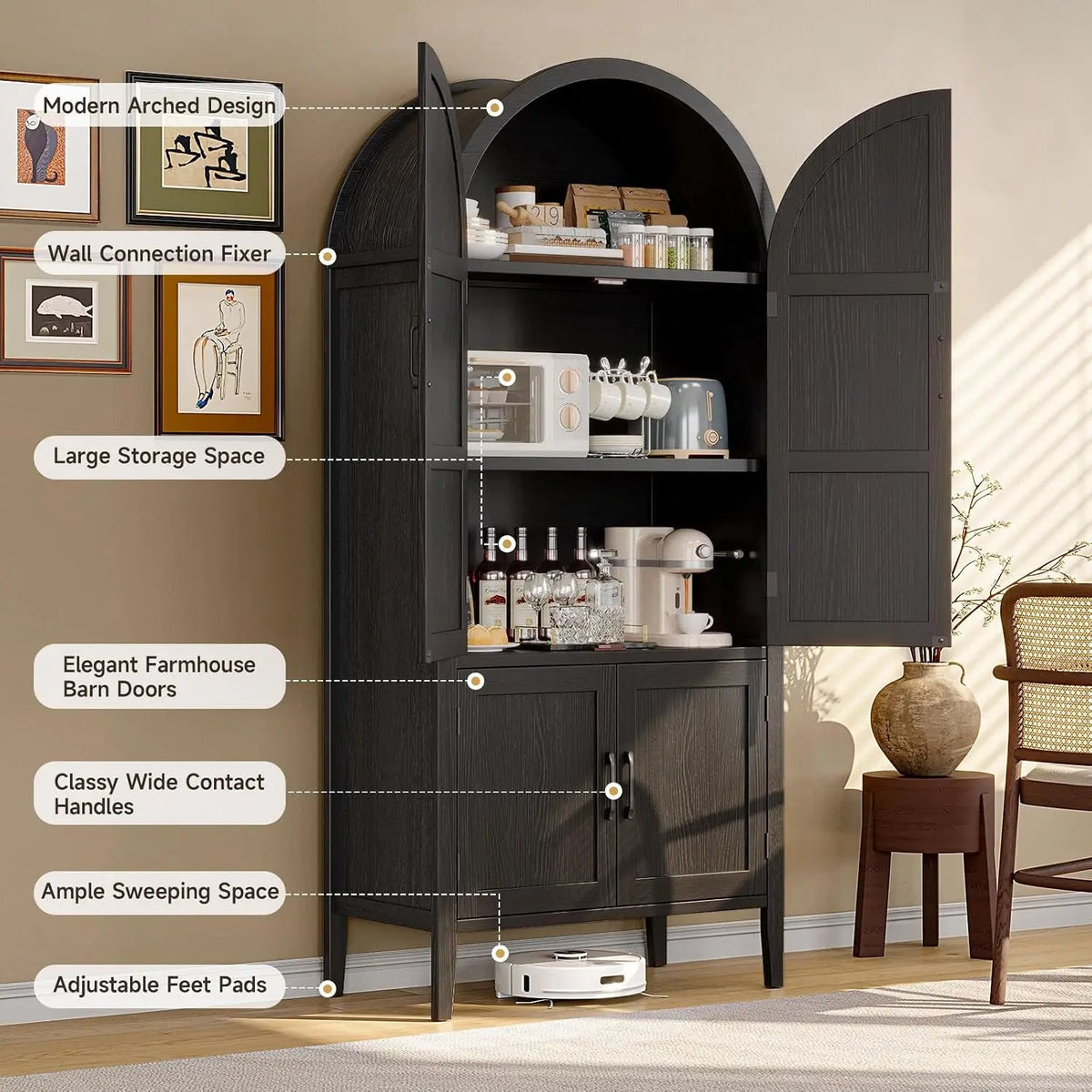 71" Tall Farmhouse Arched Pantry Cabinet, 5-Tier Wooden Storage w/Adjustable Shelves & Feet, Kitchen Cabinet w/Doors for Dining Room Organization The Pet & Home Store