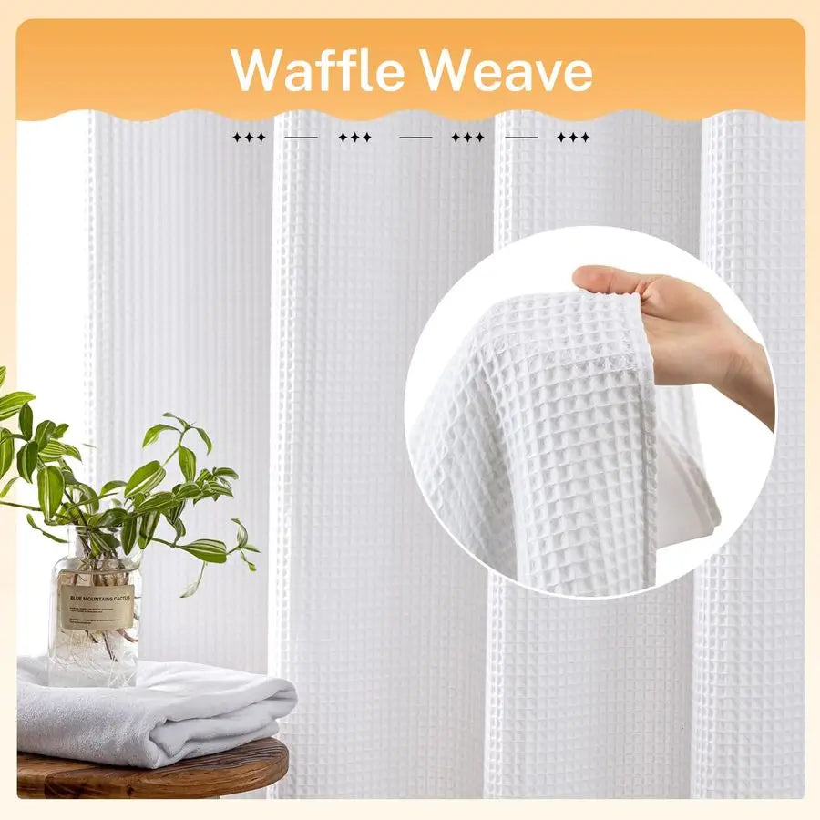 White Fabric Shower Curtain Set With Cotton Blend Waffle Weave