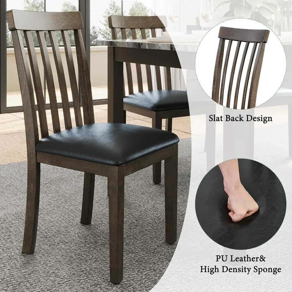 7-Piece Dining Set, 71" Faux Marble Table, 6 PU Chairs, Solid Wood, Dark Brown