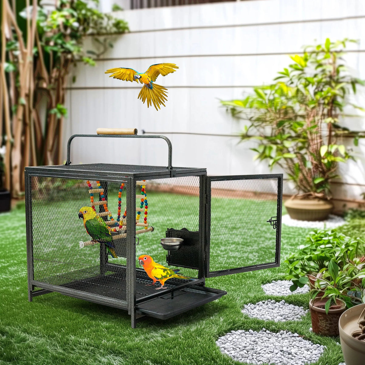 Wrought Iron Bird Travel Carrier Cage Parrot Cage with Handle Wooden Perch & Seed Guard for Small Parrots Canaries Budgies Parro The Pet & Home Store