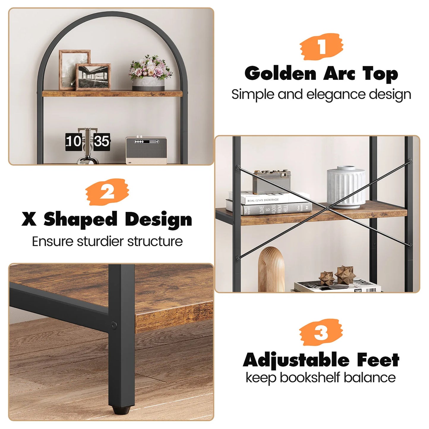 TWISTER.CK 5-Tier Arched Bookshelf Industrial Open Display