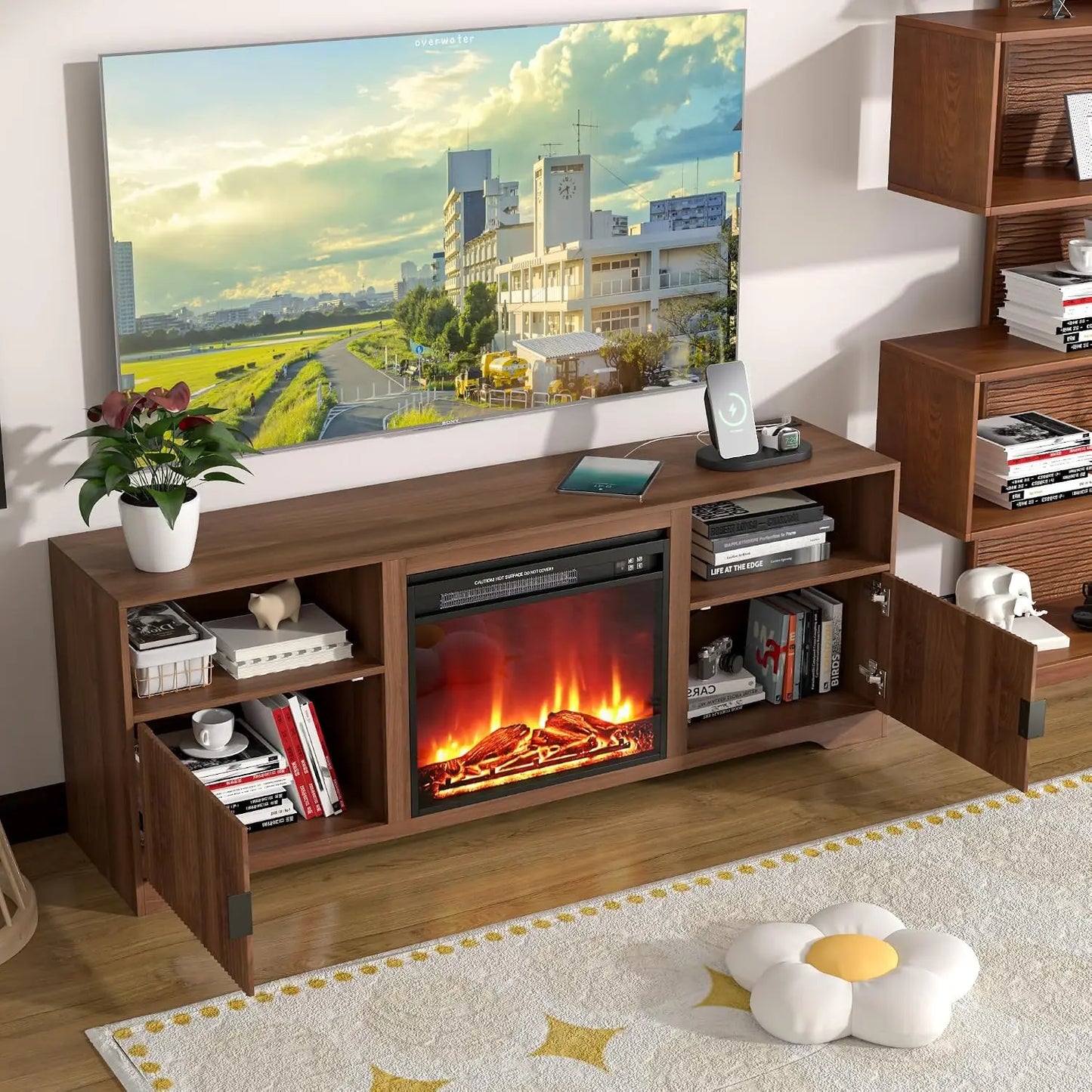 Fluted TV Stand With Electric Fireplace And Adjustable Shelf