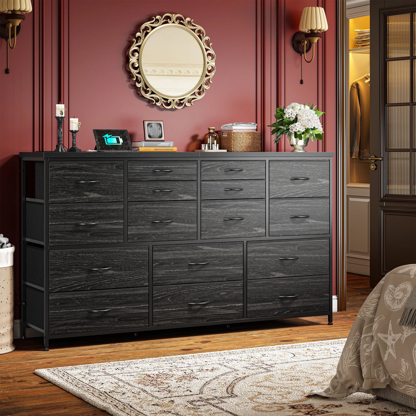 16-Drawer Fabric Dresser with Charging Station - Versatile TV Stand for 60" TVs, Organizer for Bedroom or Living Room