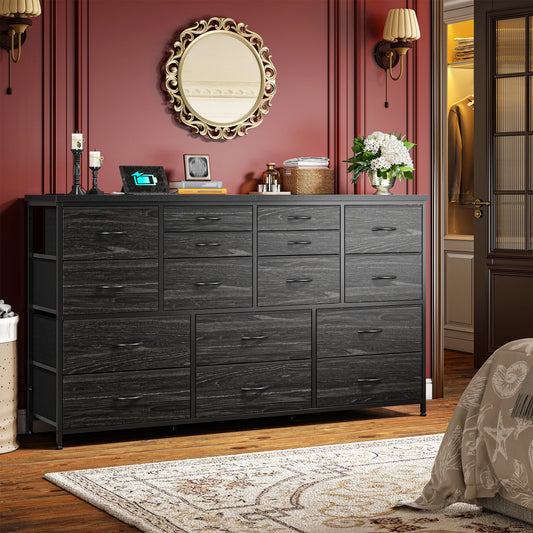 16-Drawer Fabric Dresser with Charging Station - Versatile TV Stand for 60" TVs, Organizer for Bedroom or Living Room