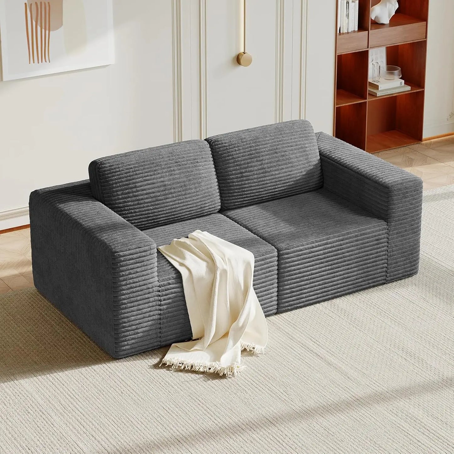 Corduroy L-Shape Modular Sofa With Movable Ottoman Sectional