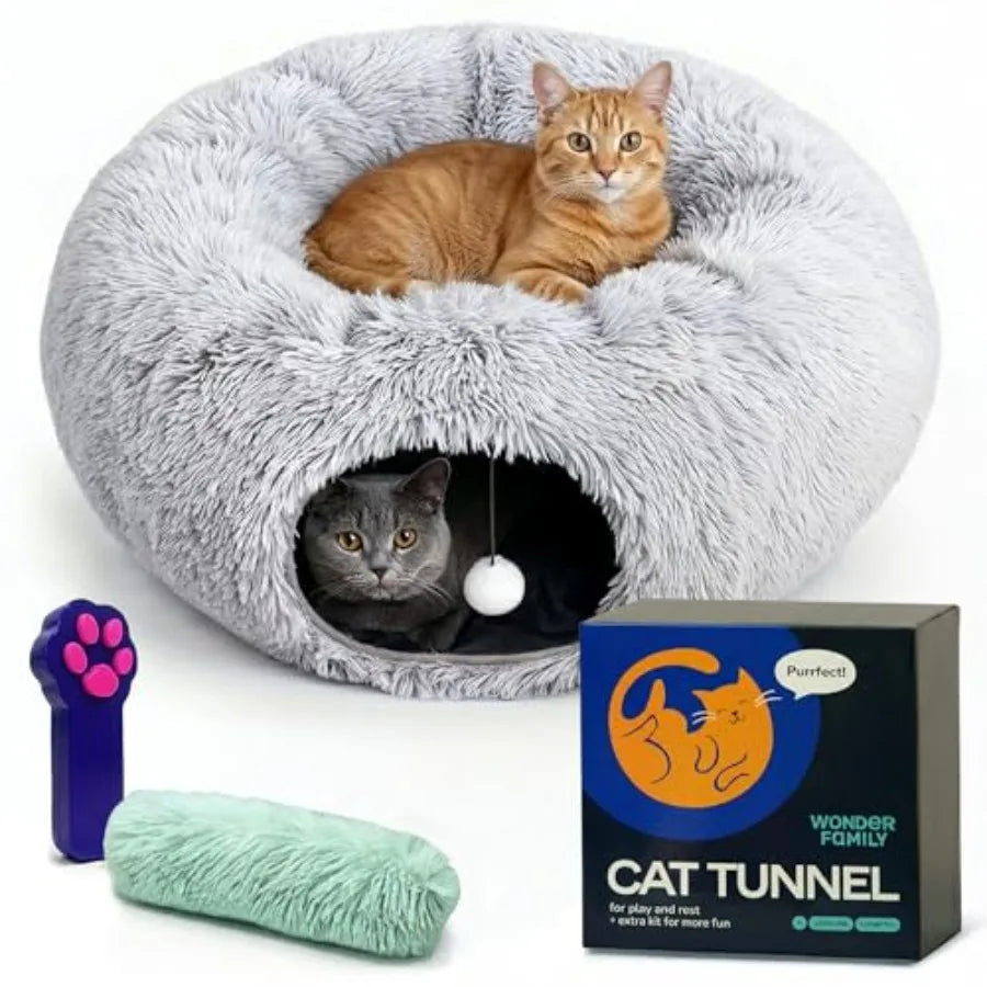 Plush Cat Donut Tunnel Bed 3-In-1 Foldable Indoor Playground