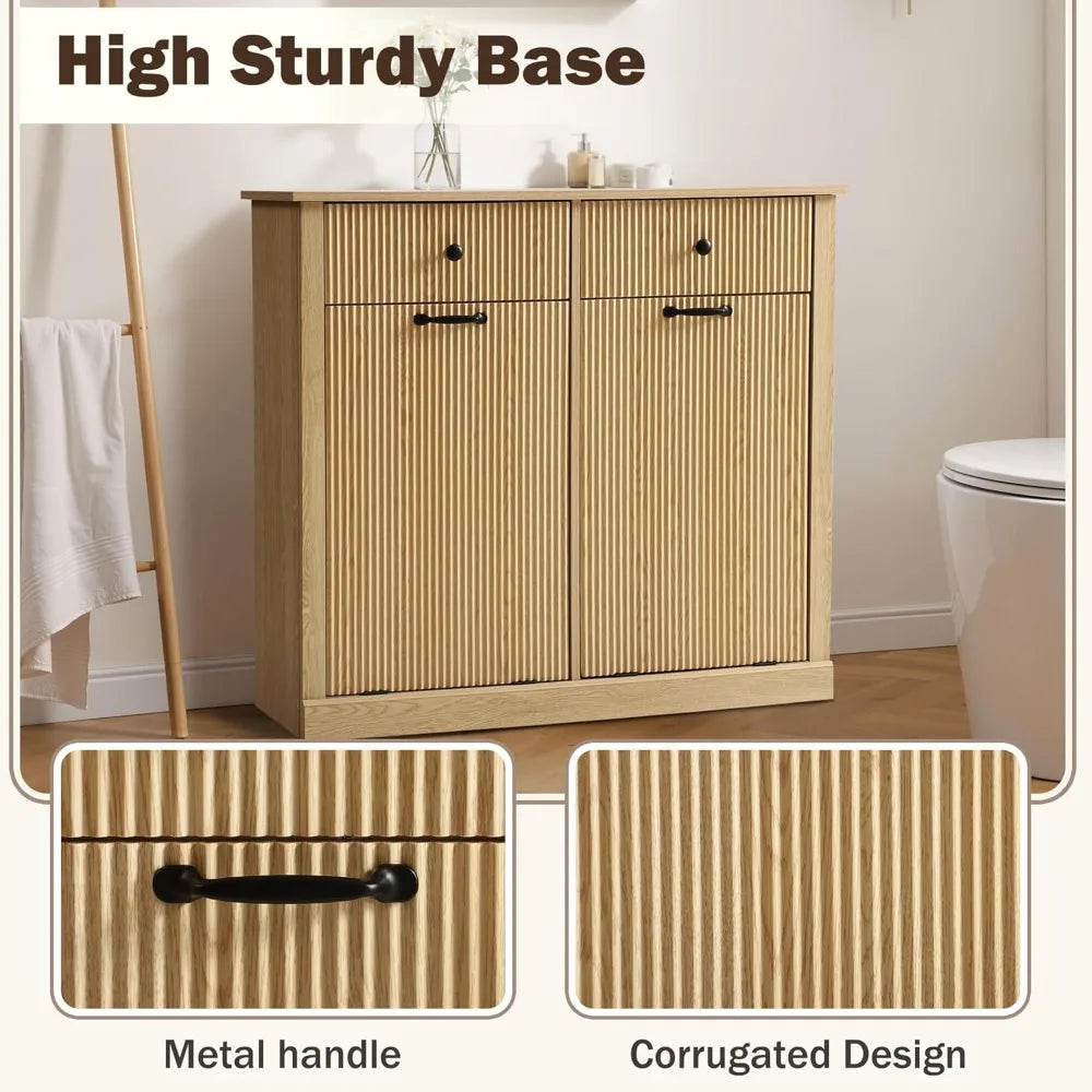 Double Tilt Out Laundry Basket Cabinet With Drawer Wood Storage
