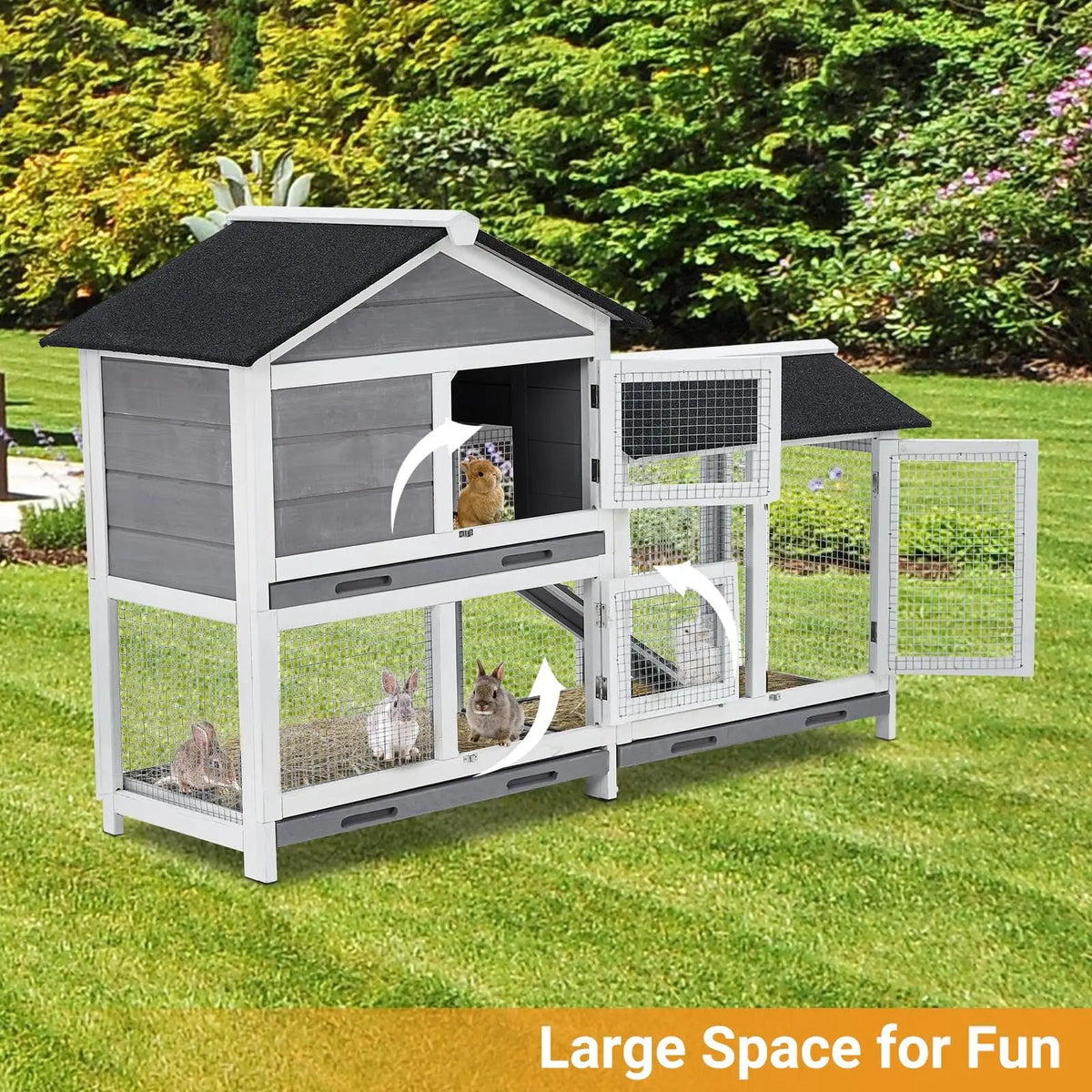 63in Bunny Hutch Indoor, Wooden Rabbit Cage 2-Tier With 3 Removable Trays, Waterproof Roof Bunny House Outdoor Coop The Pet & Home Store