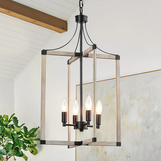 4-Light Farmhouse Chandelier Height Adjustable Rustic Living Room Chandelier Dining Room Light Fixtures Dimmable