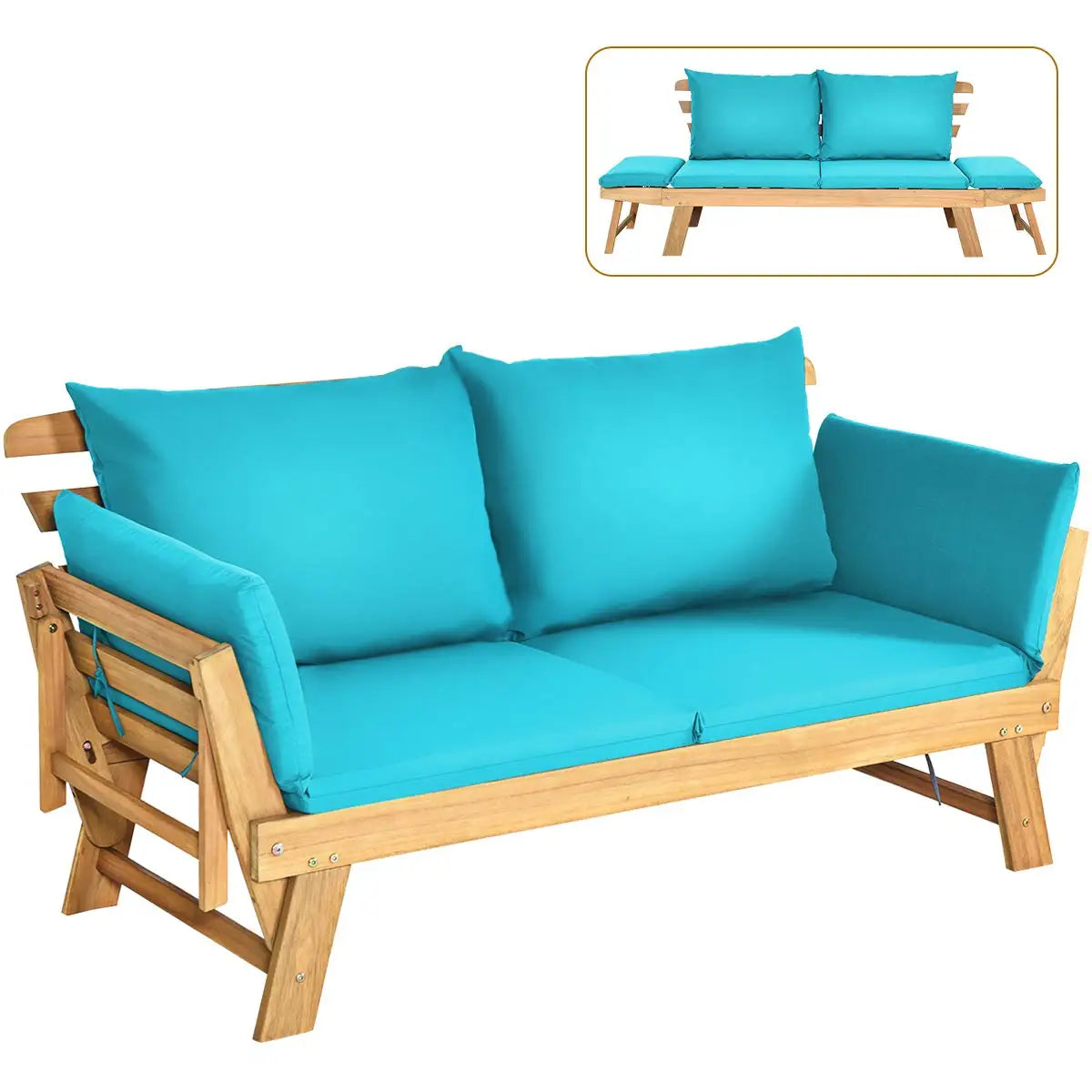 Convertible Acacia Patio Sofa Bed Adjustable Armrest Cushion Pillows Outdoor Folding Futon Bench Porch Garden 3-Seat, Custom