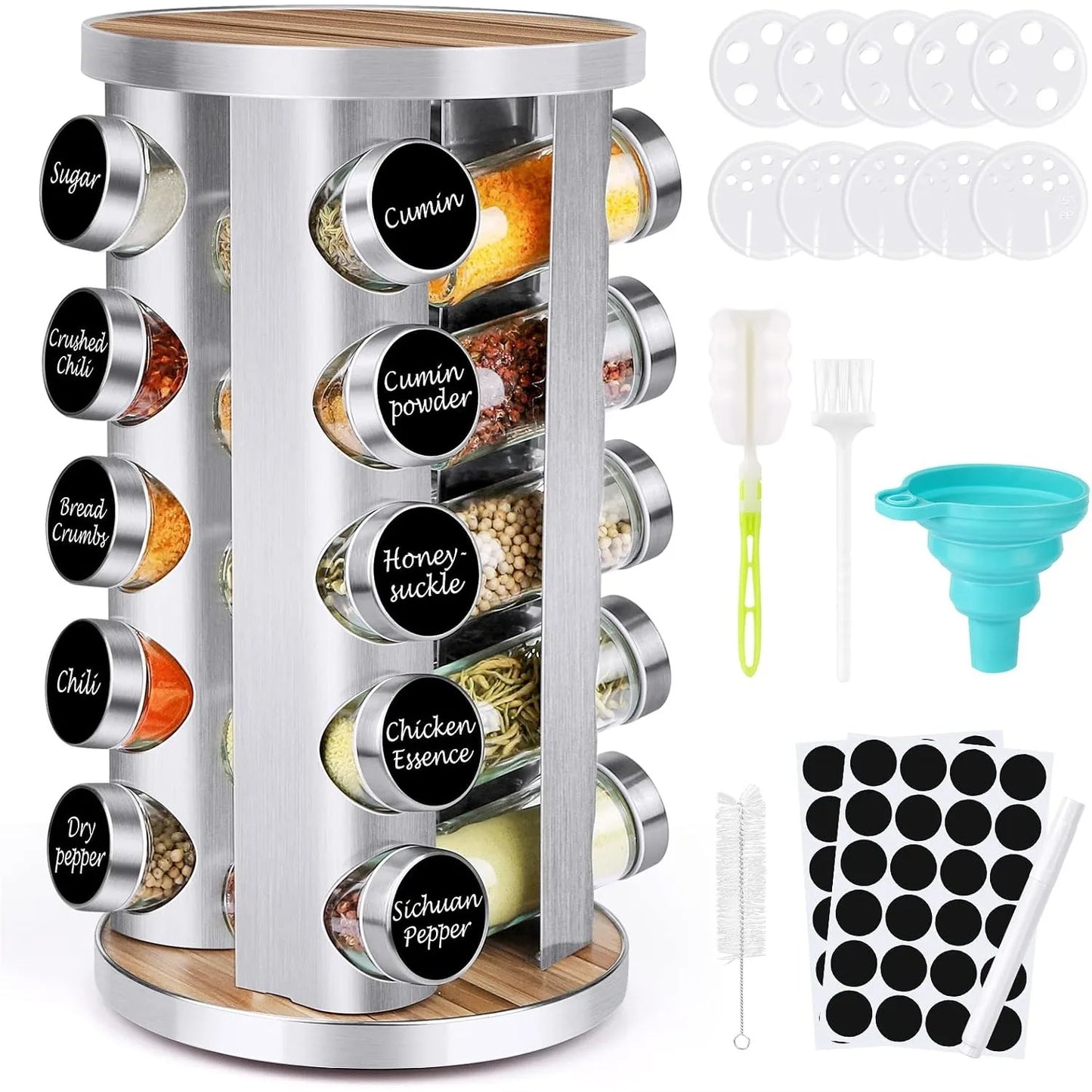 20-Piece Spice Rack Organizer with Jars, 360° Rotating Stainless Steel & Wooden Tower for Kitchen Cabinet Countertop